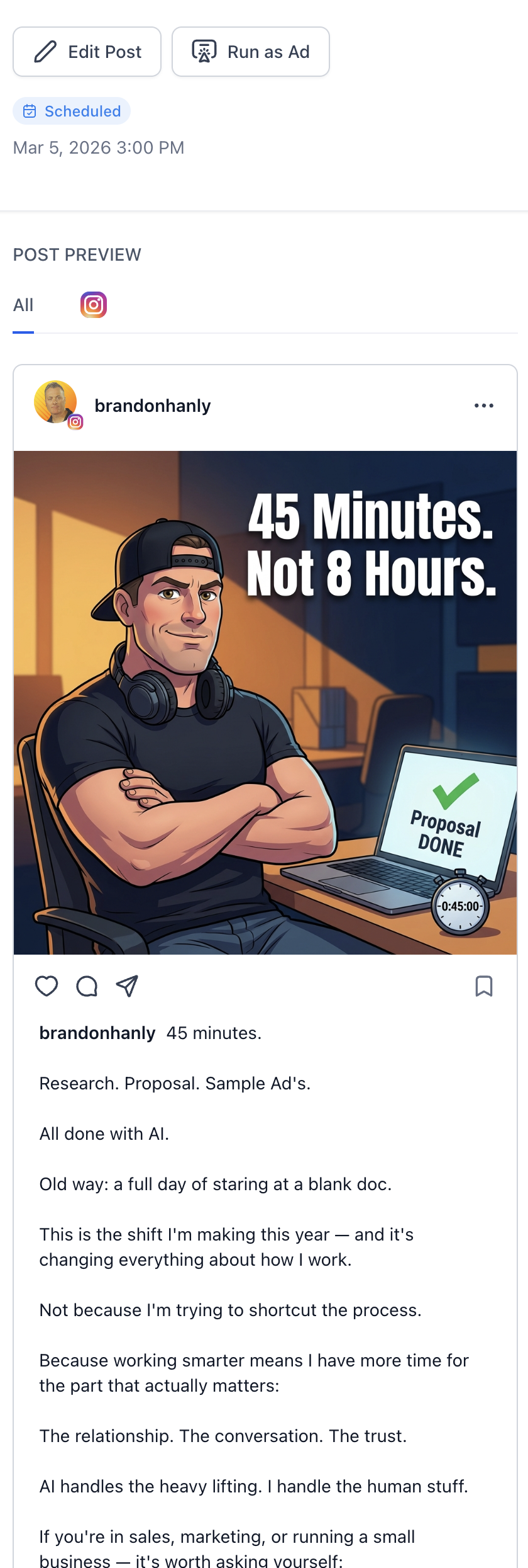 AI-generated social media post scheduled in GoHighLevel — automated content with custom image