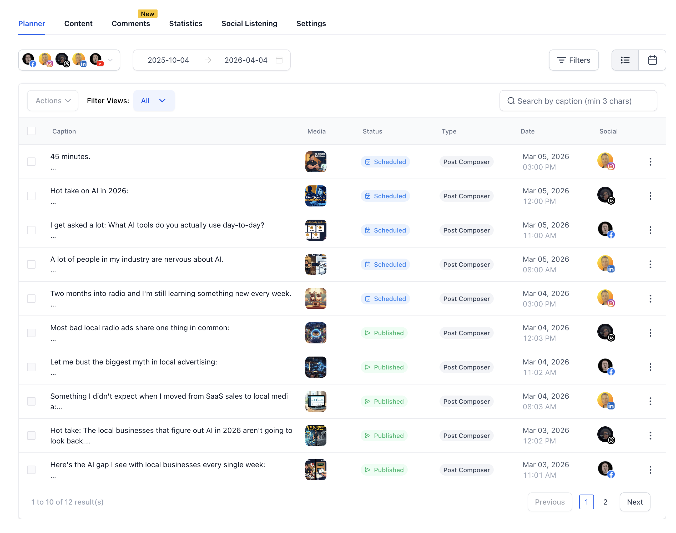 GoHighLevel social planner showing a week of AI-scheduled posts across multiple platforms